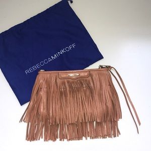 Rebecca Minkoff brown leather fringe clutch